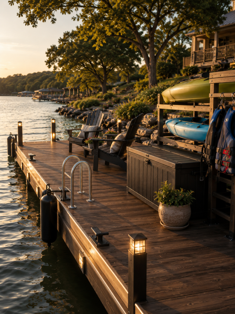 Lake LBJ dock with bumpers, cleats, kayak storage, lighting and waterfront safety improvements.