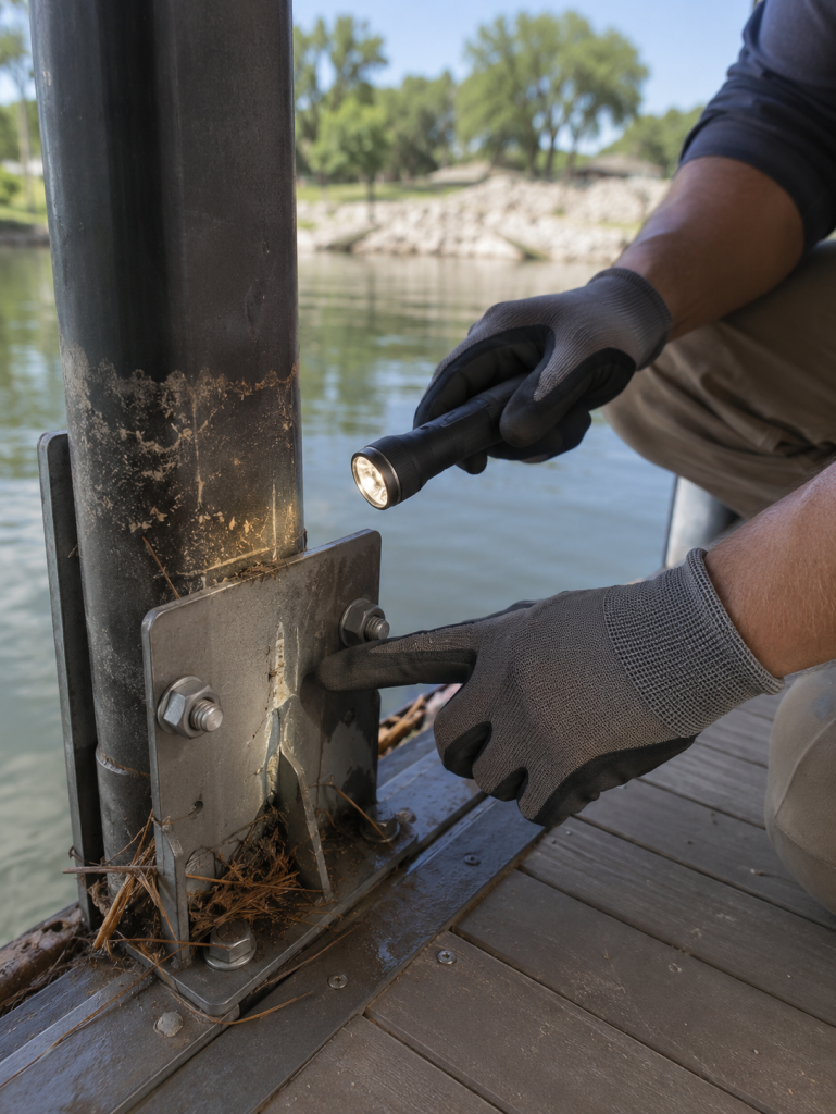 Technician inspecting dock hardware and safety components on Lake LBJ.